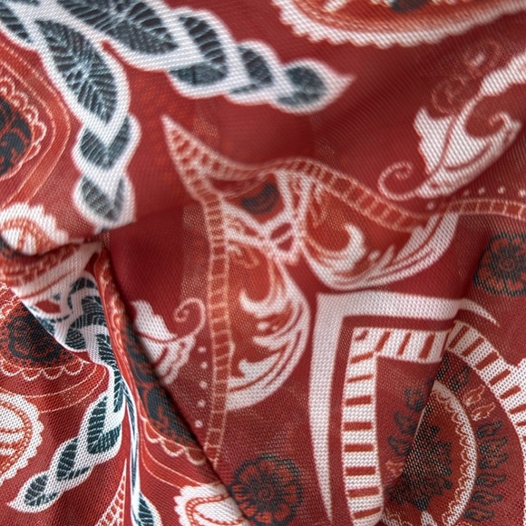 Flowy See Through Paisley Print V-Neck Blouse - Orange - Picture 2 of 5